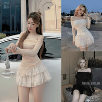 Set bộ đồ nữ áo trễ vai tay dài xẻ nhọn chéo mix chân váy xếp ly tầng siêu hot với 3 tone màu sáng da, xinh xắn