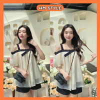 Set bộ đồ nữ áo trễ vai voan tơ phối viền và quần đùi lưng chun chất tafta phong cách dễ thương HB52 HMStyle