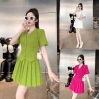 Set bộ đồ nữ áo vest croptop ngắn tay xẻ nhọn mix chân váy xếp ly xòe với 3 tone màu tôn da, siêu hot cho các nàng
