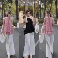 Set bộ đồ nữ áo yếm dập ly lụa mix quần ống rộng nhẹ nhàng xinh xắn