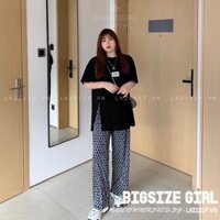 Set bộ đồ nữ bigsize Áo thun dáng suông tay ngắn cổ tròn xẻ tà đen kết hợp quần ống rộng lưng cao cạp cao kẻ sọc caro mùa hè Phong cách Hàn Quốc Thời Trang Quần áo nữ đi Chơi sang chảnh cá tính cho người mập béo nữ