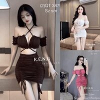 Set bộ đồ nữ body áo trễ vai đan dây eo mix chân váy ôm form ngắn rút dây cùng tone màu sexy, xinh xắn