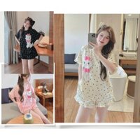 Set Bộ Đồ Nữ Chấm Bi Mèo Nơ Hồng Nổi Áo Phông Thụng Ngấn Tay Viền Bèo Mix Quần Sooc Đùi Freesize