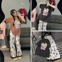 Set bộ đồ nữ Chip Dale áo thun form rộng kèm quần dài ống suông học tiết sóc dễ thương