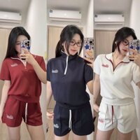 Set bộ đồ nữ cổ bẻ, bộ đùi thêu chữ BADD nổi phối khóa cổ chất vải umi hàn lạnh phong cách thể thao