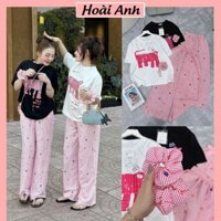 Set Bộ Đồ Nữ Con Hổ Tiger Kẻ Hồng Áo Phông Hình Ép 6D Tặng Chun Dây Buộc Tóc Mix Quần Xuông Thụng Chất Đũi Mềm Ống Rộng