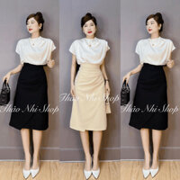 Set bộ đồ nữ công sở áo tuyết nhung cổ tròn cánh dơi xinh xắn mix chân váy dành cho các nàng diện đi chơi, đi làm