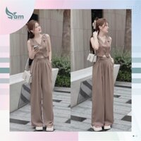 Set bộ đồ nữ công sở chất cotton lạnh áo gile sát tay cột nơ quần dài suông 1 màu nâu tây thanh lịch sang trọng AT151