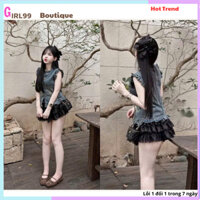 Set bộ đồ nữ gồm áo bò gile form dáng đẹp phối viền bèo mix chân váy ngắn xoè sang chảnh, hot hit