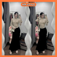 Sét bộ đồ nữ gồm áo len giấy thêu hoa hồng đính tay phối chân váy xòe đuôi cá chất umi HB159