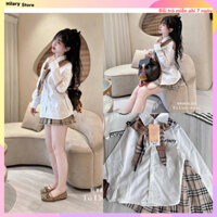 Set bộ đồ nữ gồm áo sơ mi dài tay form đẹp kèm khăn buộc cổ áo mix chân váy ngắn xếp ly kẻ hot hit