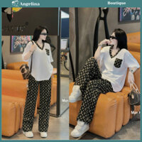 Set bộ đồ nữ gồm áo thun cổ tim tay lỡ form dáng rộng phối túi ngực mix quần dài ống suông hoạ tiết full hottrend