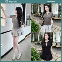 Set bộ đồ nữ gồm áo thun cộc tay phối cúc ngực form ôm tôn dáng mix chân váy ngắn xếp ly trẻ trung, sang chảnh