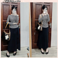 Set bộ đồ nữ gốm áo thun dài tay trễ vai hoạ tiết kẻ đen trắng mix chân váy dài sang chảnh, hot hit cho các nàng