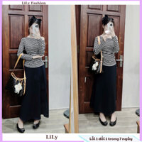 Set bộ đồ nữ gồm áo thun trễ vai dài tay hoạ tiết kẻ đen trắng nổi bật mix chân váy dài sang chảnh lịch sự