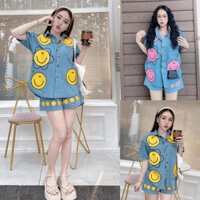 Set bộ đồ nữ jean họa tiết mặt cười xinh xắn, năng động dành cho các nàng diện ở nhà, đi chơi