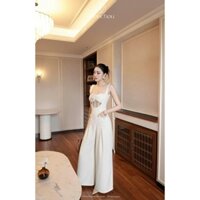 Set bộ đồ nữ jumpsuit áo hai dây cúp ngực thiết kế phối quần ống suông, set đồ jum dài ống rộng xoắn ngực đính hoa