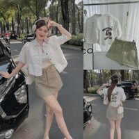 Set bộ đồ nữ kaki áo khoác croptop họa tiết hình siêu cute mix chân váy chữ A tone màu nhẹ nhàng, xinh xắn