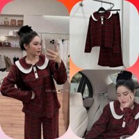 Set Bộ Đồ Nữ Kẻ Dạ Caro Đỏ Áo Cổ Sen Bèo Phối Trắng 2 Cúc Bọc Mix Quần Suông Dài Ống Rộng