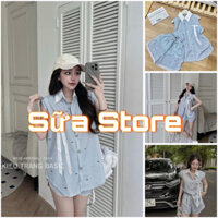 Set Bộ Đồ Nữ Kẻ Xanh Dương Nơ Nhí Áo Sát Nách Đệm Vai Nơ Cài Rời Cúc Đồng Phối Cổ Trắng Mix Quần Sooc Đùi Lượn Gấu Ren