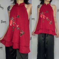 Set bộ đồ nữ lụa tằm áo yếm quần ống rộng suông mặc Tết tieencorner 463