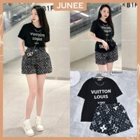 Set Bộ Đồ Nữ LV Áo Phông Cổ Tròn Gắn Dây Xích Phối Chữ In Xước Mix Quần Đùi Họa Tiết Monogram Dáng Freesize