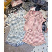 Set Bộ Đồ Nữ Mặc Nhà Kẻ Caro Chất Đũi Gân Mềm Mát, Pijama Hè Tiểu Thư Bánh Bèo