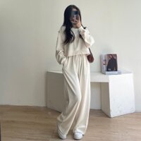 Sét bộ đồ nữ nỉ tăm áo dài tay croptop quần ống rộng nhiều màu trẻ trung năng động