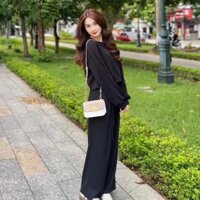 Sét bộ đồ nữ nỉ tăm áo dài tay croptop quần ống rộng chất tăm nhiều màu