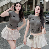 Set bộ đồ nữ, Set bộ nữ áo thun body cổ tròn đính nơ mix kèm chân váy xoè hot trend T.Fashion SB0017