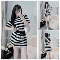 Set Bộ Đồ Nữ Sọc Ngang Viền Áo Croptop Rút Dây Phối Chân Váy Chữ A Xinh Xắn