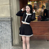 Set Bộ Đồ Nữ Tăm Len Tay Dài Mix Chân Váy Xếp Ly Dáng Ngắn Siêu Xinh Chất Len Dày Dặn