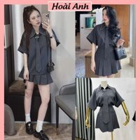 Set Bộ Đồ Nữ Thiết Kế 3 Món Màu Ghi Áo Cổ Sơ Mi Đính Hạt Phối Cộc Tay Xắn Gấu Mix Chân Váy Xếp Ly Kèm Cavat Rời