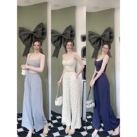 Set bộ đồ nữ thun tăm lạnh Áo croptop 2 dây phối quần dài ống suông in 3D sang trọng cho phái nữ