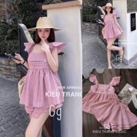 Set bộ đồ nữ tiểu thư áo xòe sọc caro mix quần đùi ống rộng với tone màu hồng nhẹ nhàng, bánh bèo siêu xinh