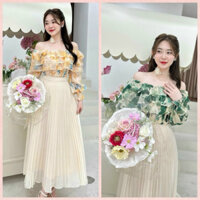 Set bộ đồ nữ voan hoa áo trễ vai bèo dài tay mix chân váy dập ly tone màu phối xinh xắn, nhẹ nhàng cho các nàng