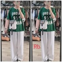 Set bộ đô nữ,Áo thun phông form thụng tay lỡ kèm quần ống rộng kẻ mặc đi học đi chơi ở nhà đều đẹp