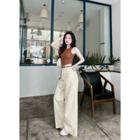 Set bộ đồ nữ,set áo ba lỗ màu nâu bò phối quần ống rộng có đai nịt trẻ trung cá tính