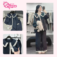 Set Bộ Đồ Pijama Kẻ Caro Áo Cổ Sen Phối Viền Ren Mix Quần Suông Dài Ống Rộng Freesize
