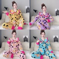 Set bộ đồ Pijama tay dài quần dài kate lụa họa tiết Sang chảnh , Đồ mặc nhà tay dài họa tiết gấu dễ thương from 57 kí