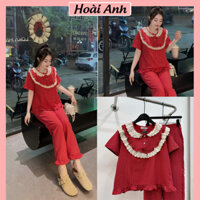 Set Bộ Đồ Pyjama Ngủ Thô Đũi Đỏ Hoa Nhí Áo Ngắn Tay Cổ Tròn Phối Viền Ren 2 Tầng Mix Quần Suông Dài