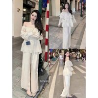 Set bộ đồ quần dài lưng chun co giản ống đứng mix áo trễ vai dài tay bo cổ tay thiết kế sang trọng sang chảnh