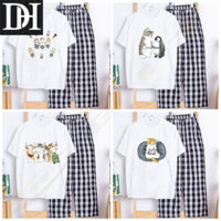 Sét Bộ Đồ Quần Ống Rộng Kẻ Caro Đen và Áo Phông Trắng Nữ Mặc Ở Nhà Đi Chơi In Họa Tiết 3 Chú Mèo Cute 10 -DH