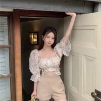 Set Bộ Đồ Sang Chảnh áo croptop tay lở cổ vuông khóa kéo sành diệu chất voan hoa phối quần đùi cotton lạnh