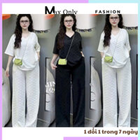Set bộ đồ sang chảnh cho nữ gồm áo thun cộc tay cổ tim form dáng rộng mix quần dài ống suông