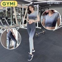 Set bộ đồ tập gym yoga nữ thể thao GYMI SET02 gồm áo croptop ngắn tay kèm mút ngực và quần legging dài chất dệt kim ,