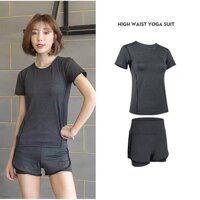 set bộ đồ tập gym, yoga, aerobic nữ Linda018 áo thun quần đùi 2 lớp - Đen,S