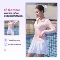 Set bộ đồ tập thể thao áo dài tay Kylie hồng mix chân váy Meli trắng Today U Wear