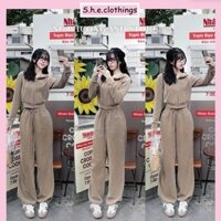 Set Bộ Đồ Thể Thao Nữ 3 Món Thêu Bad Nâu Áo Khoác Mũ Len Lông Thỏ Kèm Áo 3 Lỗ Trắng Mix Quần Suông Dài Ống Rộng Freesize