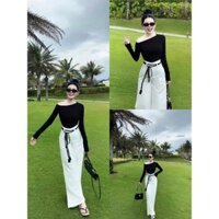 Set bộ đồ thời trang Nữ hot áo thun lệch vai dài tay ôm sát phối quần kaki dài ống rộng lưng cao dây cột cá tính